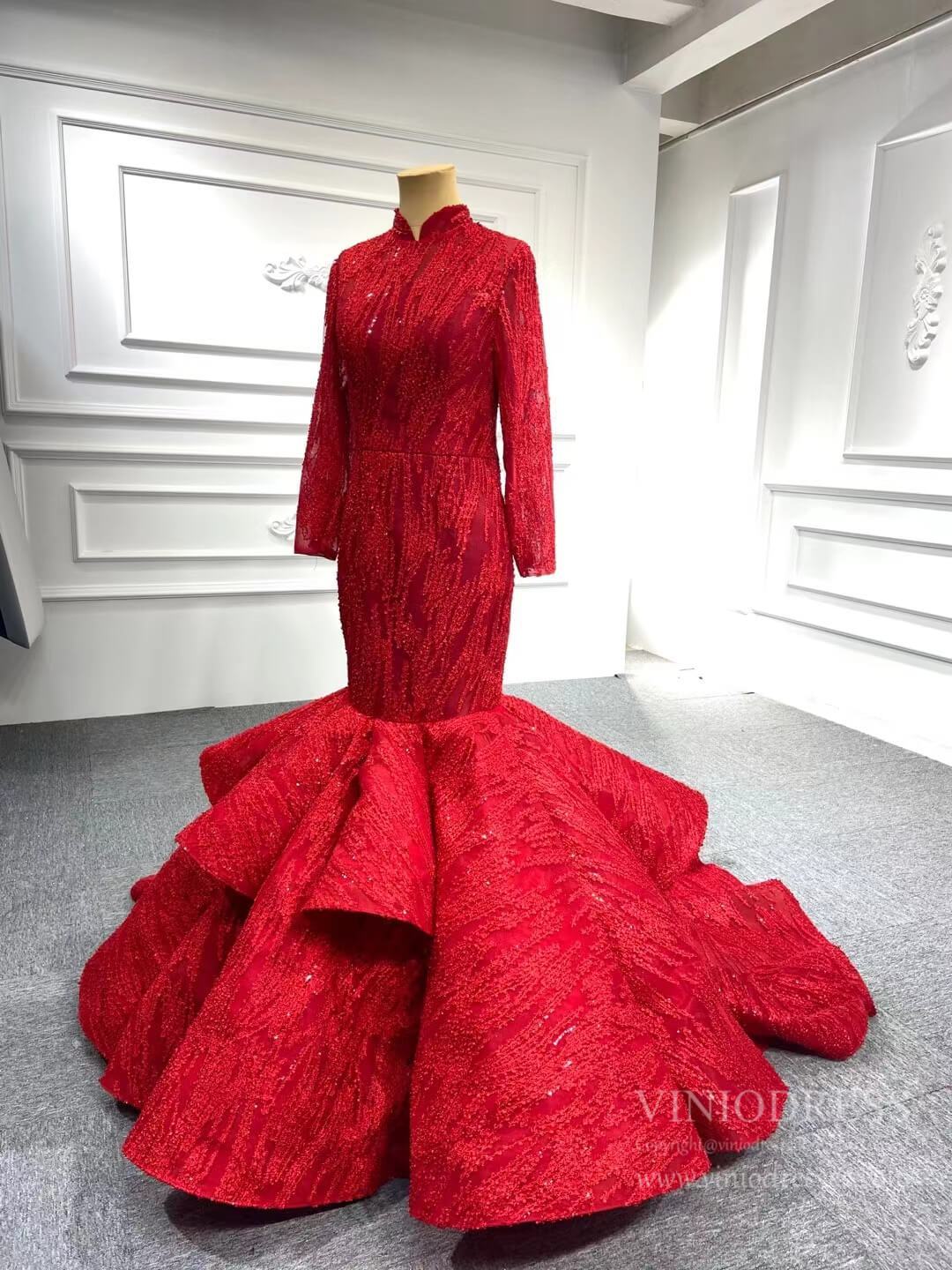 Prom Dress 2025 Red Lace High Neck Trumpet Dresses Long Sleeve Muslim Mermaid Gown FD1381B-unique prom dresses-Red-Custom Size-Viniodress