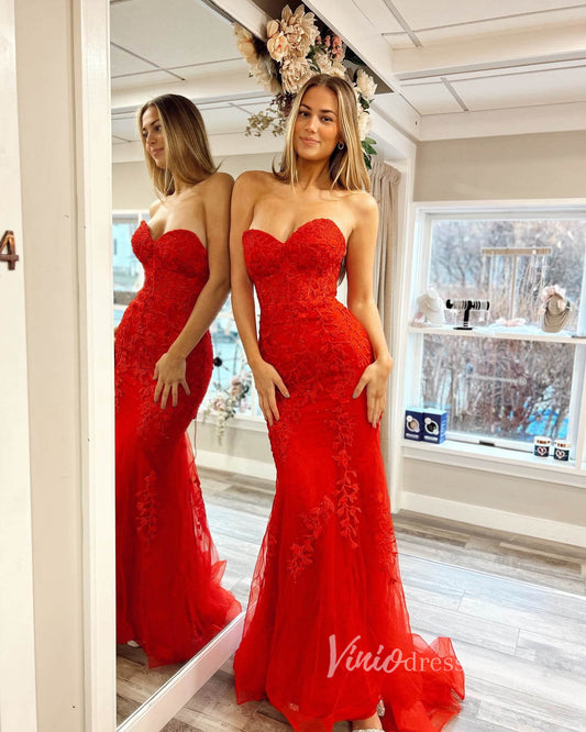 Red Mermaid Lace Applique Prom Dresses Strapless Evening Dress FD3622 - Viniodressprom dressesRedCustom Size - Formal Dresses - Ball Gowns