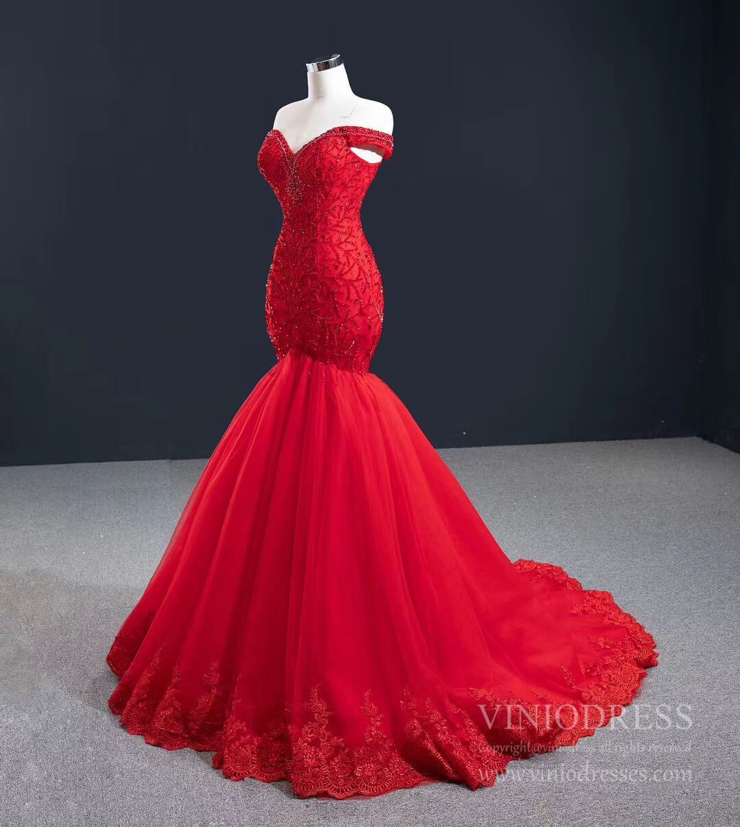 Prom Dress 2025 Red Mermaid Prom Dresses Off the Shoulder Beaded Pageant Dress FD2439 viniodress-unique prom dresses-Red-Custom Size-Viniodress