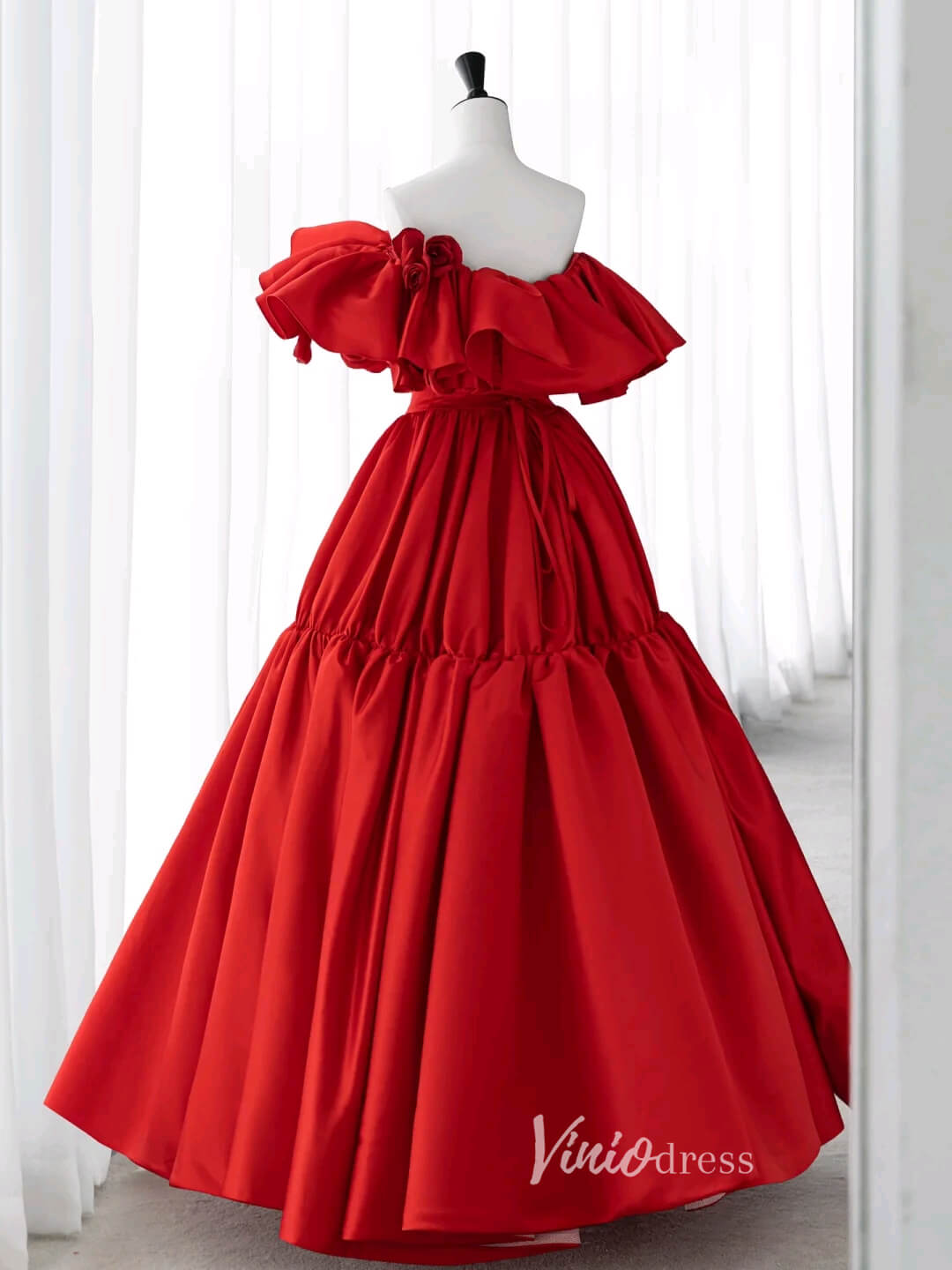 Red Off the Shoulder Prom Dresses Rosette Dress AD1040 - Viniodressprom dressesRedCustom Size - Formal Dresses - Ball Gowns