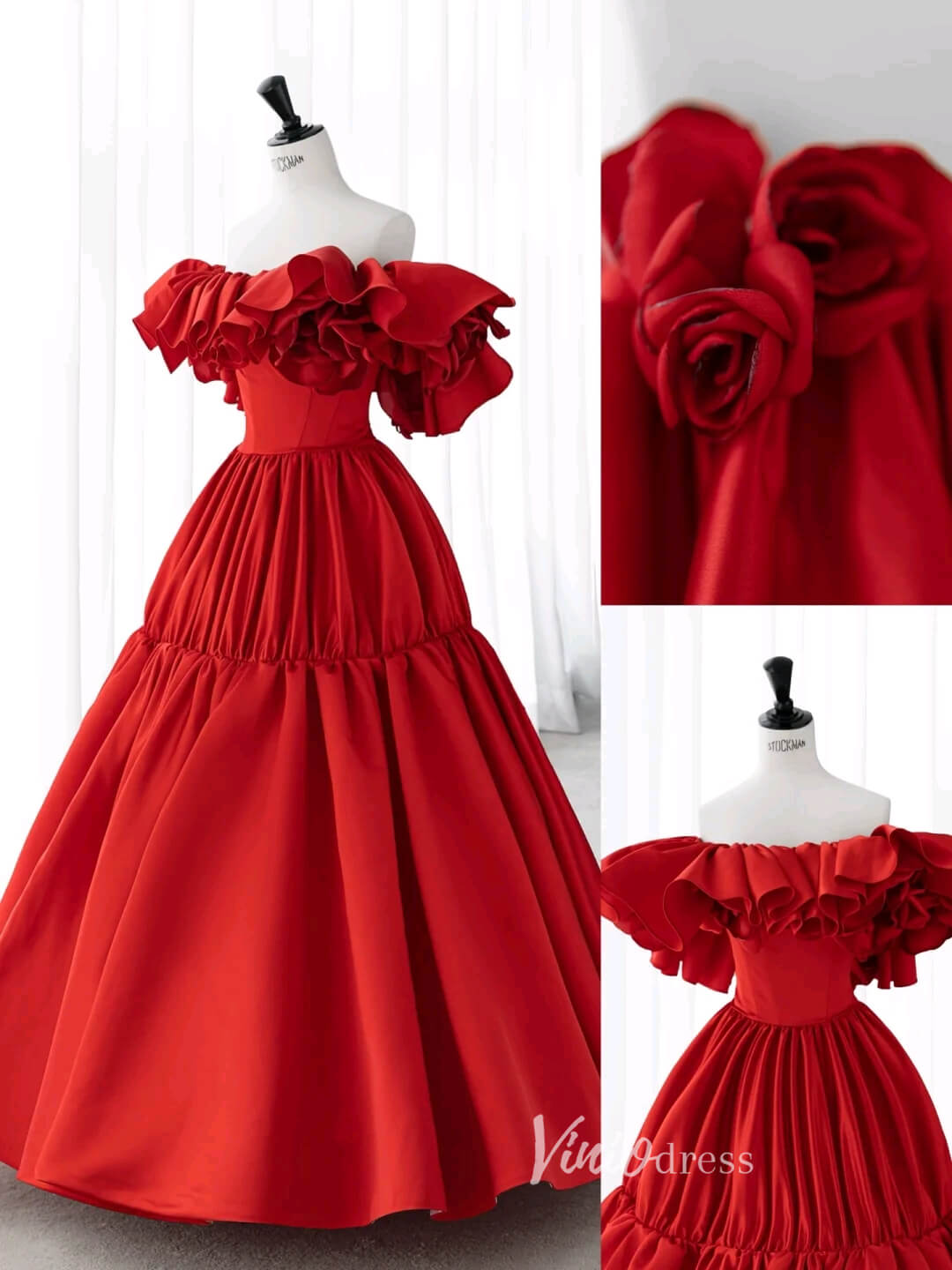 Red Off the Shoulder Prom Dresses Rosette Dress AD1040 - Viniodressprom dressesRedCustom Size - Formal Dresses - Ball Gowns