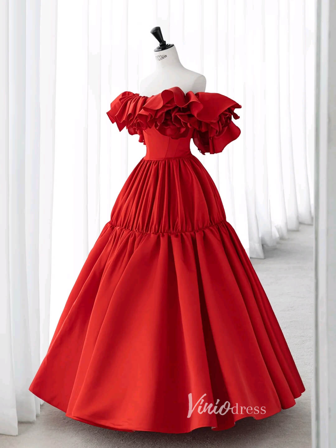 Red Off the Shoulder Prom Dresses Rosette Dress AD1040 - Viniodressprom dressesRedCustom Size - Formal Dresses - Ball Gowns