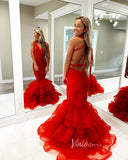 Prom Dress 2025 Red Mermaid Ruffle Prom Dresses Satin V-Neck Evening Gown FD3621-unique prom dresses-Red-Custom Size-Viniodress