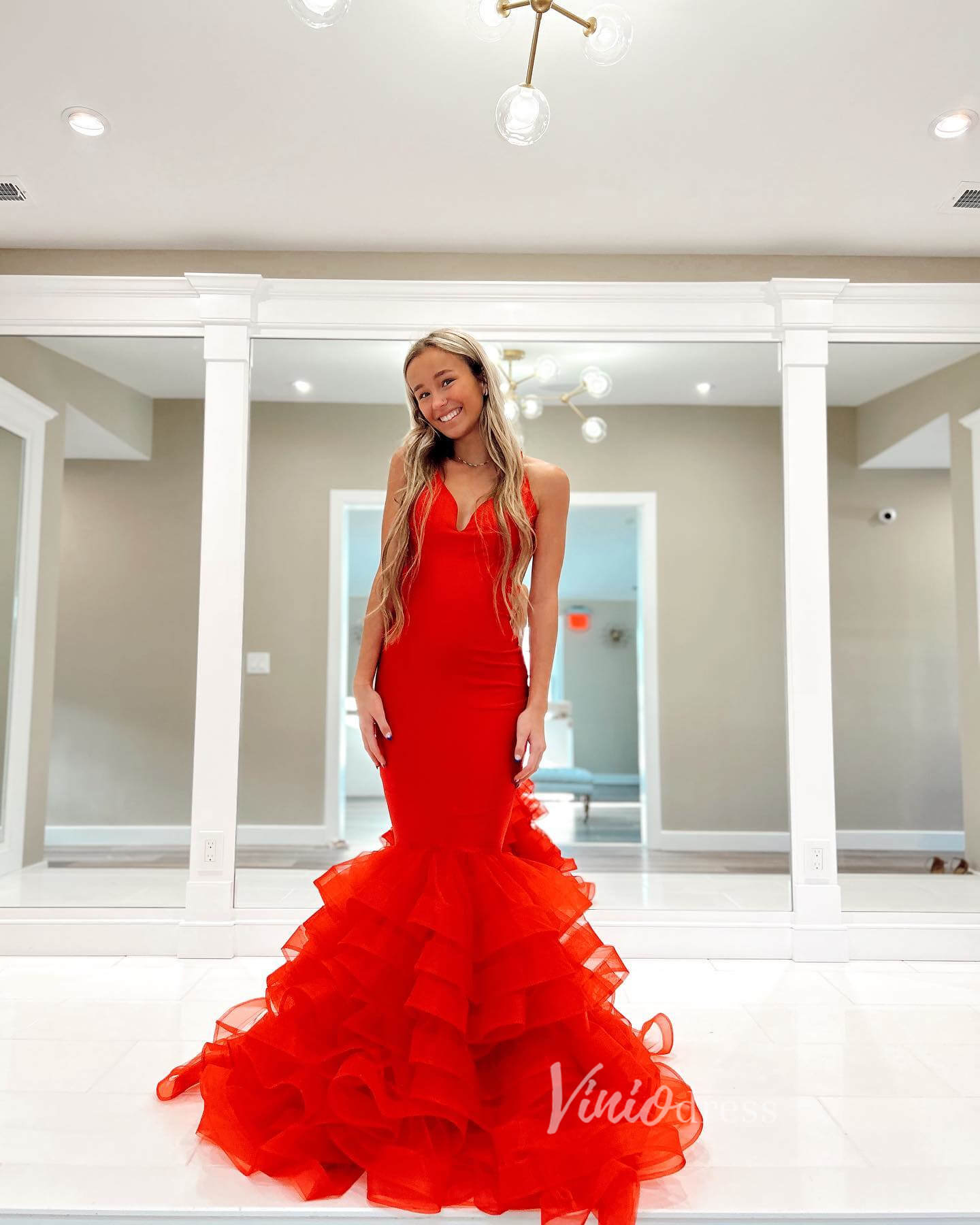 Prom Dress 2025 Red Mermaid Ruffle Prom Dresses Satin V-Neck Evening Gown FD3621-unique prom dresses-Red-Custom Size-Viniodress