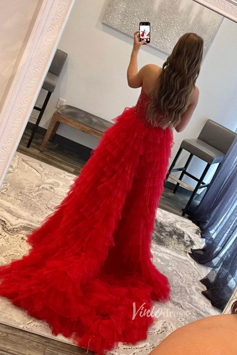 Prom Dress 2025 Red Ruffled Prom Dress Strapless Beaded Formal Dresses FD2950-unique prom dresses-Red-Custom Size-Viniodress