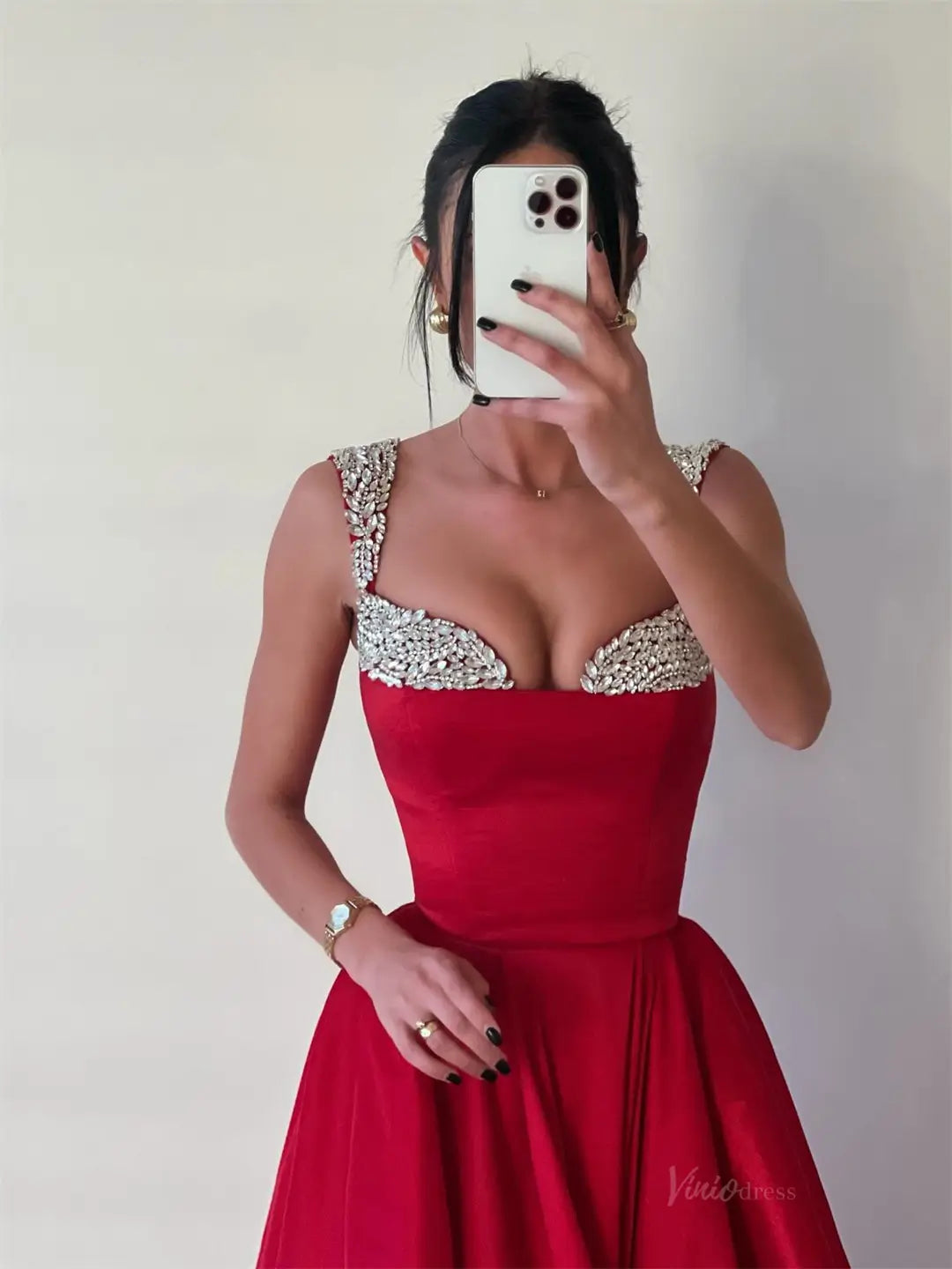 prom dresses 2025-to impress Red Satin A-Line Prom Dresses 2025 Beaded Neckline Formal Gown FD5246-plus size wedding dresses Viniodress-Red-Custom Size-