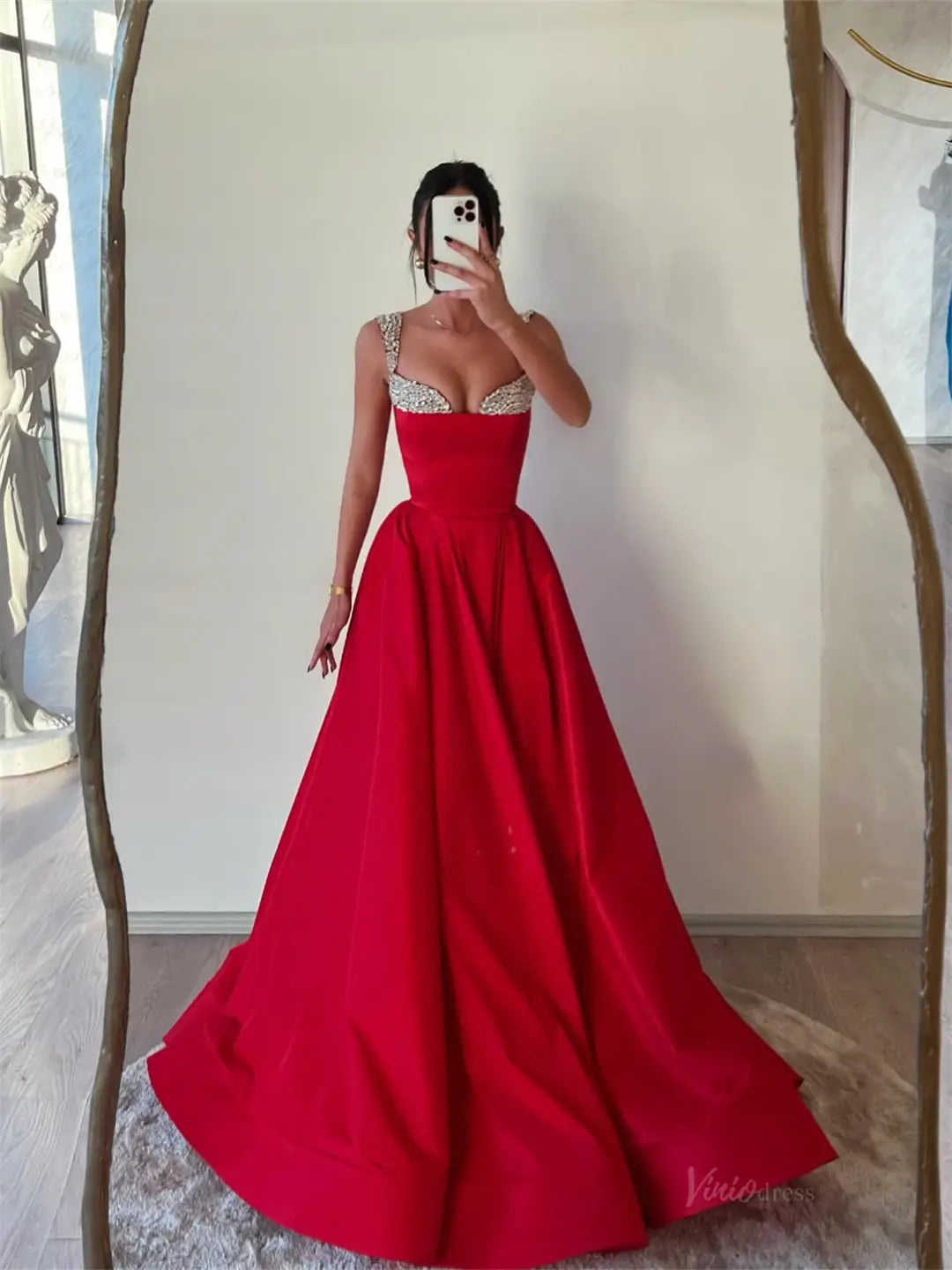 prom dresses 2025-to impress Red Satin A-Line Prom Dresses 2025 Beaded Neckline Formal Gown FD5246-plus size wedding dresses Viniodress-Red-Custom Size-