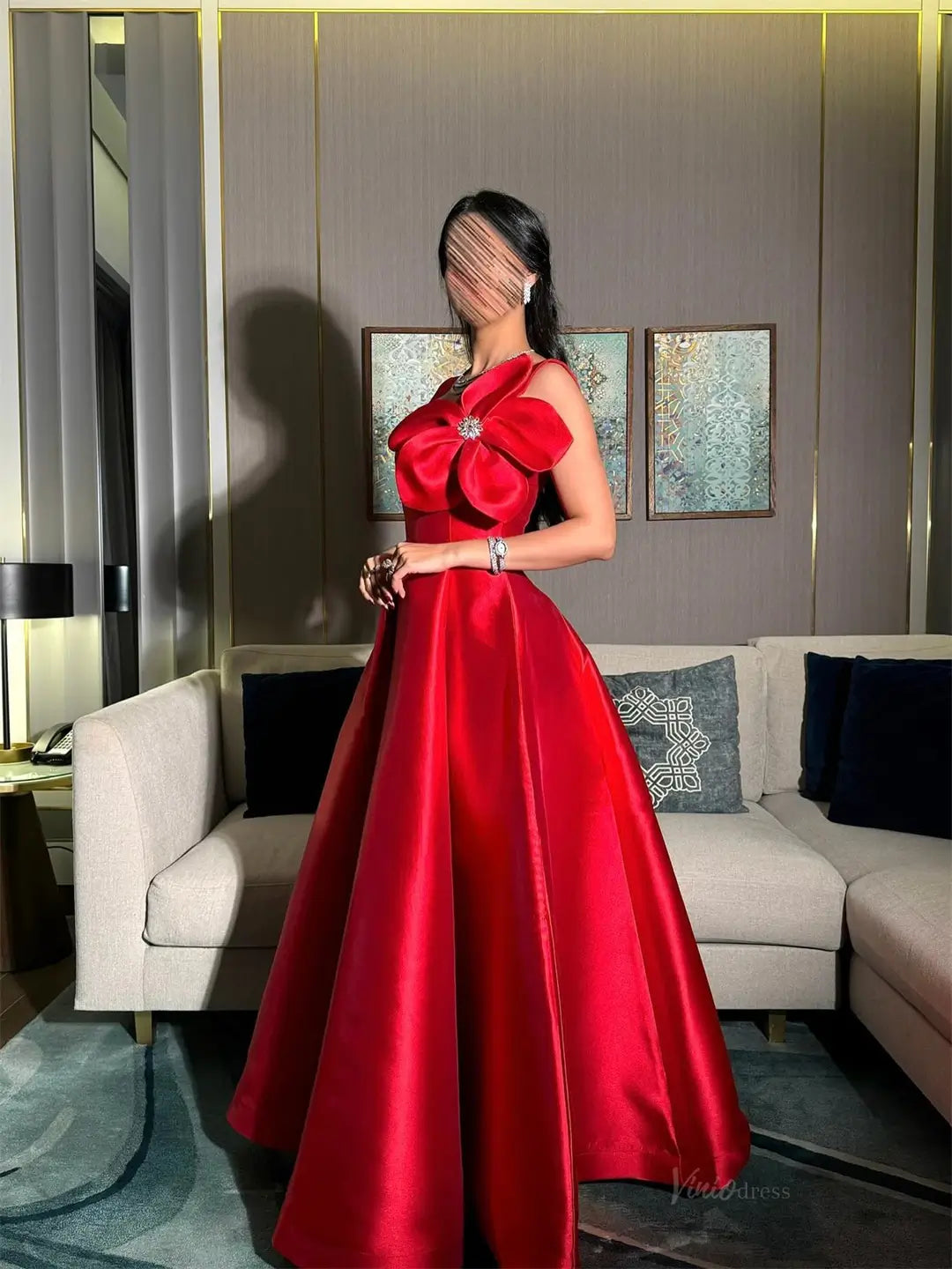 prom dresses 2025-to impress Red Satin A-Line Prom Dresses 2025 with Wide Strap & 3D Flower – FD5201-plus size wedding dresses Viniodress-Red-Custom Size-