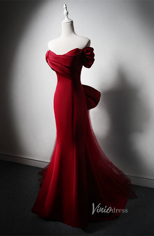 Prom Dress 2025 Red Satin Mermaid Bow-Tie Prom Dresses Off the Shoulder Formal Dress AD1221-unique prom dresses-Red-Custom Size-Viniodress