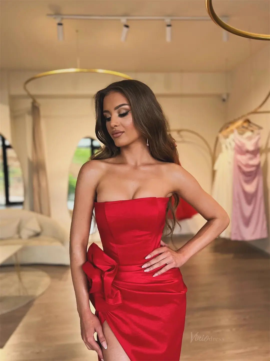 Red Satin Mermaid Prom Dresses 2025 Strapless Formal Dresses with High Slit & 3D Flower FD5242 - Viniodressprom dressesRedCustom Size - Formal Dresses - Ball Gowns