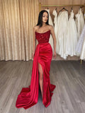 prom dresses 2025-to impress Red Satin Mermaid Prom Dresses 2025 Strapless Sequin Formal Gown with High Slit FD5261-plus size wedding dresses Viniodress-Red-Custom Size-