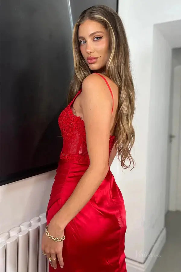 Red Satin Mermaid Prom Dresses 2025 with Spaghetti Strap & Slit – FD5034