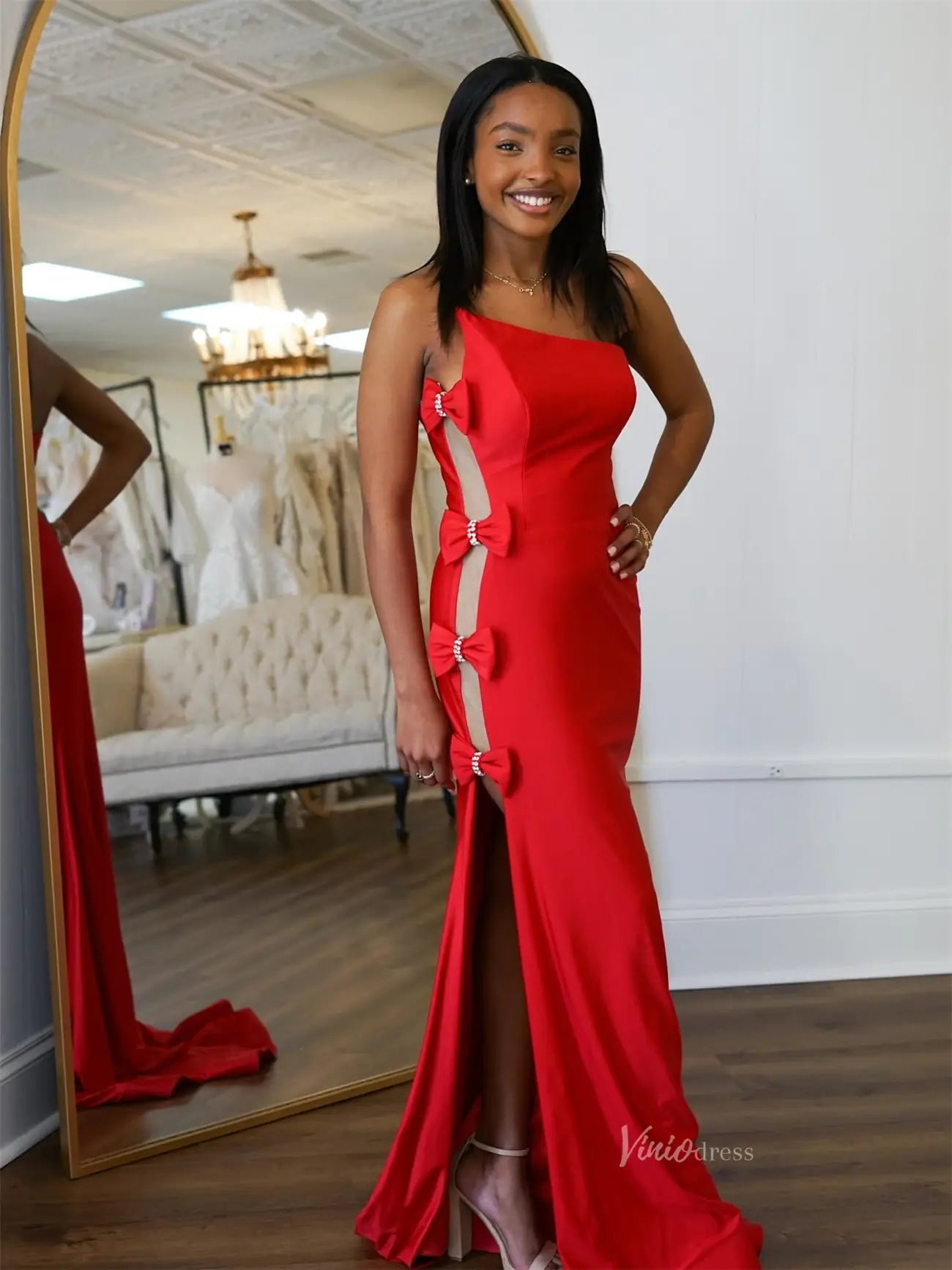 Red Satin One Shoulder Prom Dresses with Slit & Bow - Tie - FD6042 - Viniodressprom dressesRedCustom Size - Formal Dresses - Ball Gowns