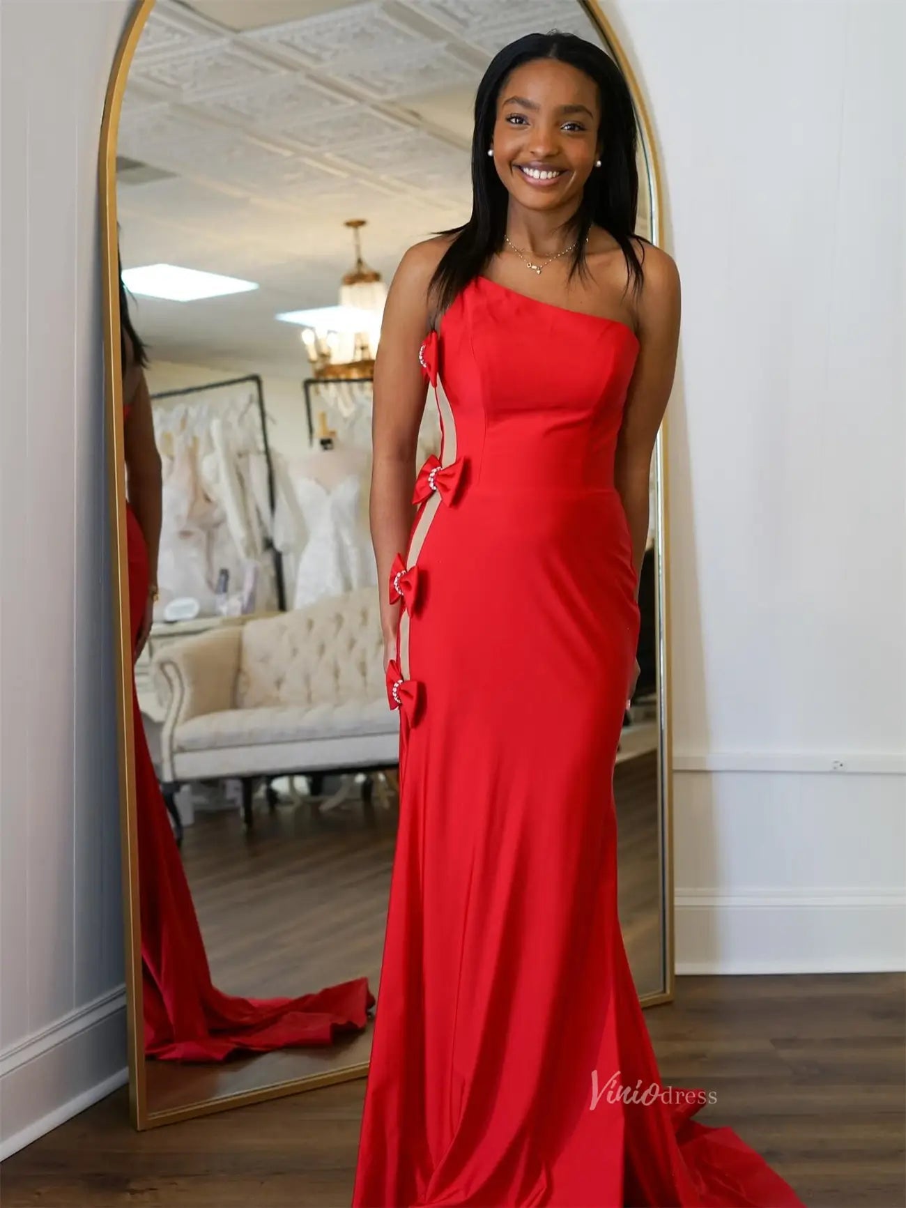 Red Satin One Shoulder Prom Dresses with Slit & Bow - Tie - FD6042 - Viniodressprom dressesRedCustom Size - Formal Dresses - Ball Gowns