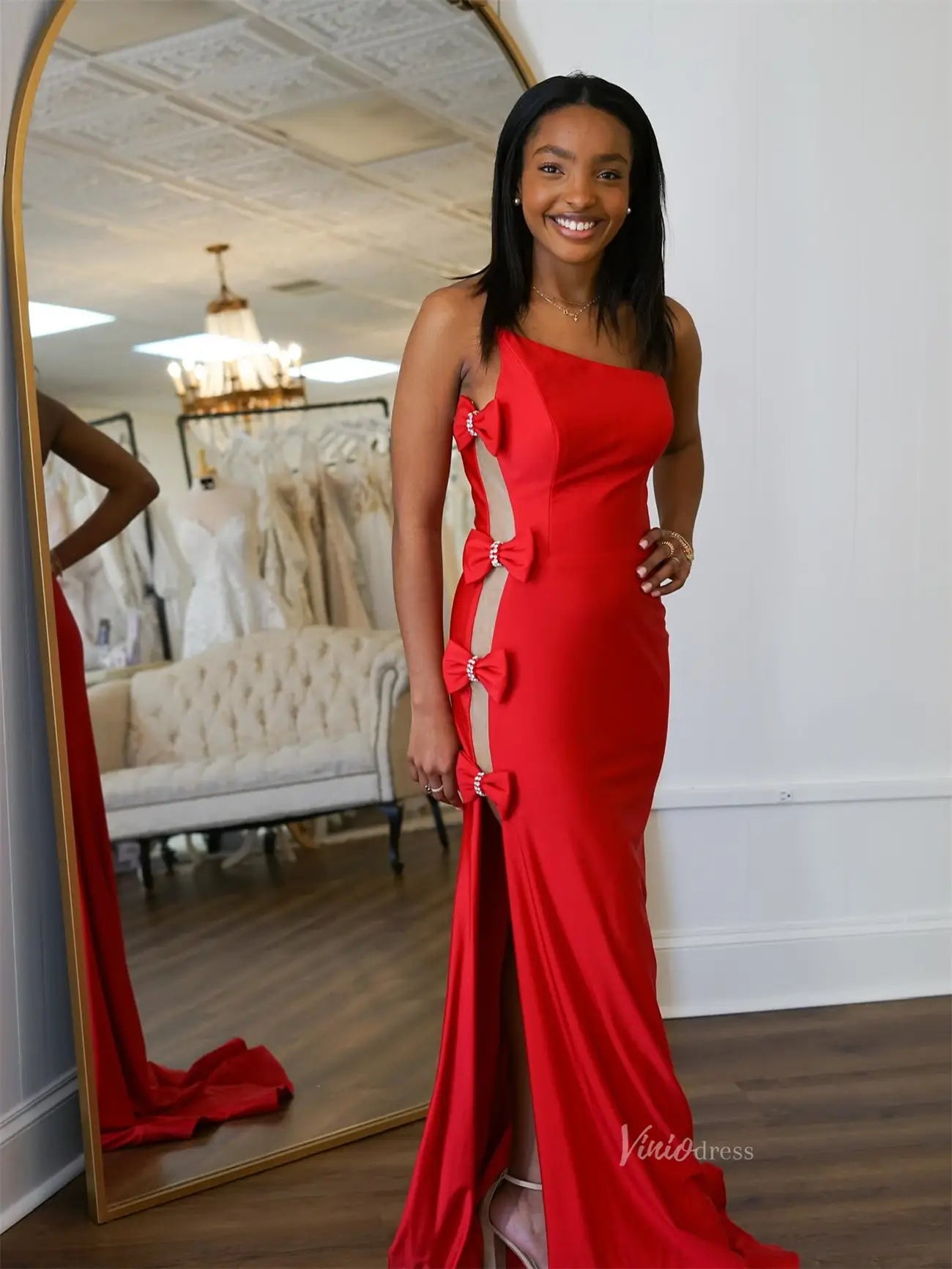 Red Satin One Shoulder Prom Dresses with Slit & Bow - Tie - FD6042 - Viniodressprom dressesRedCustom Size - Formal Dresses - Ball Gowns