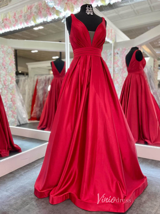 Red Satin Plunging V - Neck Prom Dresses Pleated Bodice Open Back FD3996 - Viniodressprom dressesRedCustom Size - Formal Dresses - Ball Gowns