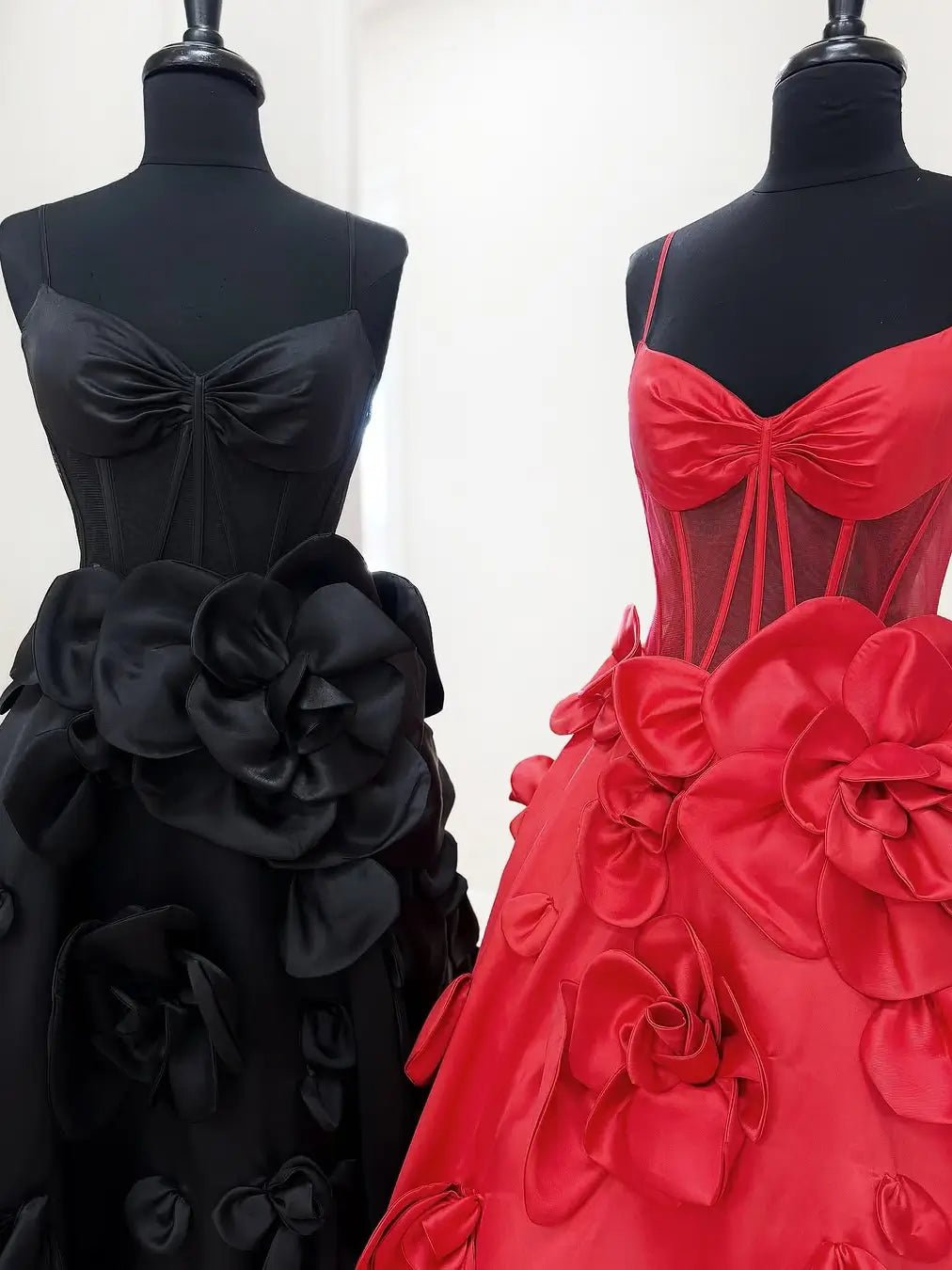 Red Satin Prom Dress with 3D Flower, Spaghetti Strap & Sheer Boned Bodice – Style FD5021 - Viniodressprom dressesRedCustom Size - Formal Dresses - Ball Gowns