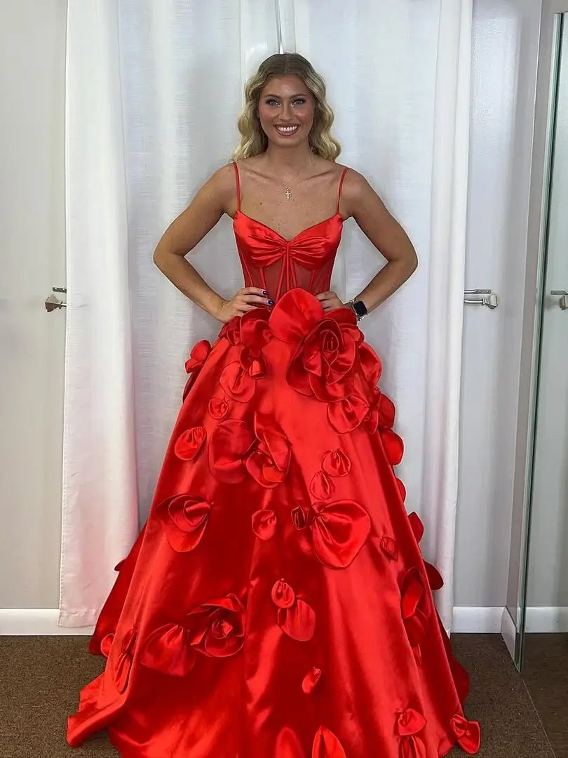 Red Satin Prom Dress with 3D Flower, Spaghetti Strap & Sheer Boned Bodice – Style FD5021 - Viniodressprom dressesRedCustom Size - Formal Dresses - Ball Gowns