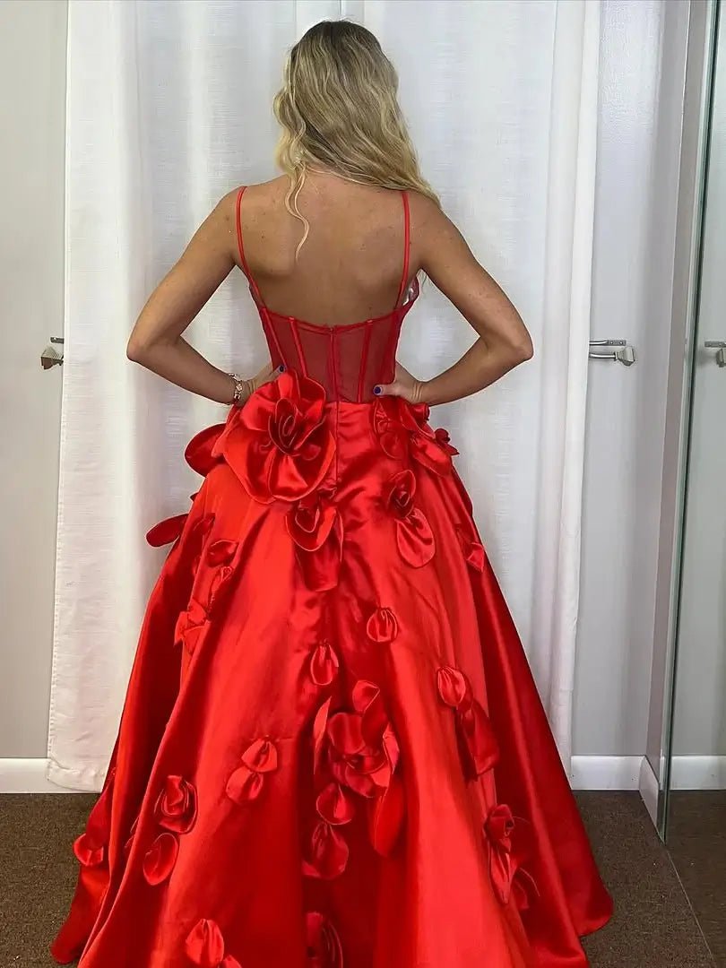 Red Satin Prom Dress with 3D Flower, Spaghetti Strap & Sheer Boned Bodice – Style FD5021 - Viniodressprom dressesRedCustom Size - Formal Dresses - Ball Gowns