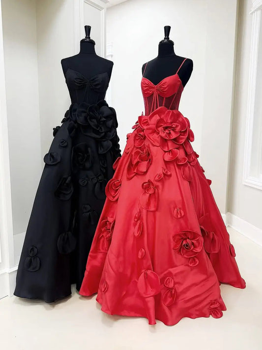 Red Satin Prom Dress with 3D Flower, Spaghetti Strap & Sheer Boned Bodice – Style FD5021 - Viniodressprom dressesRedCustom Size - Formal Dresses - Ball Gowns