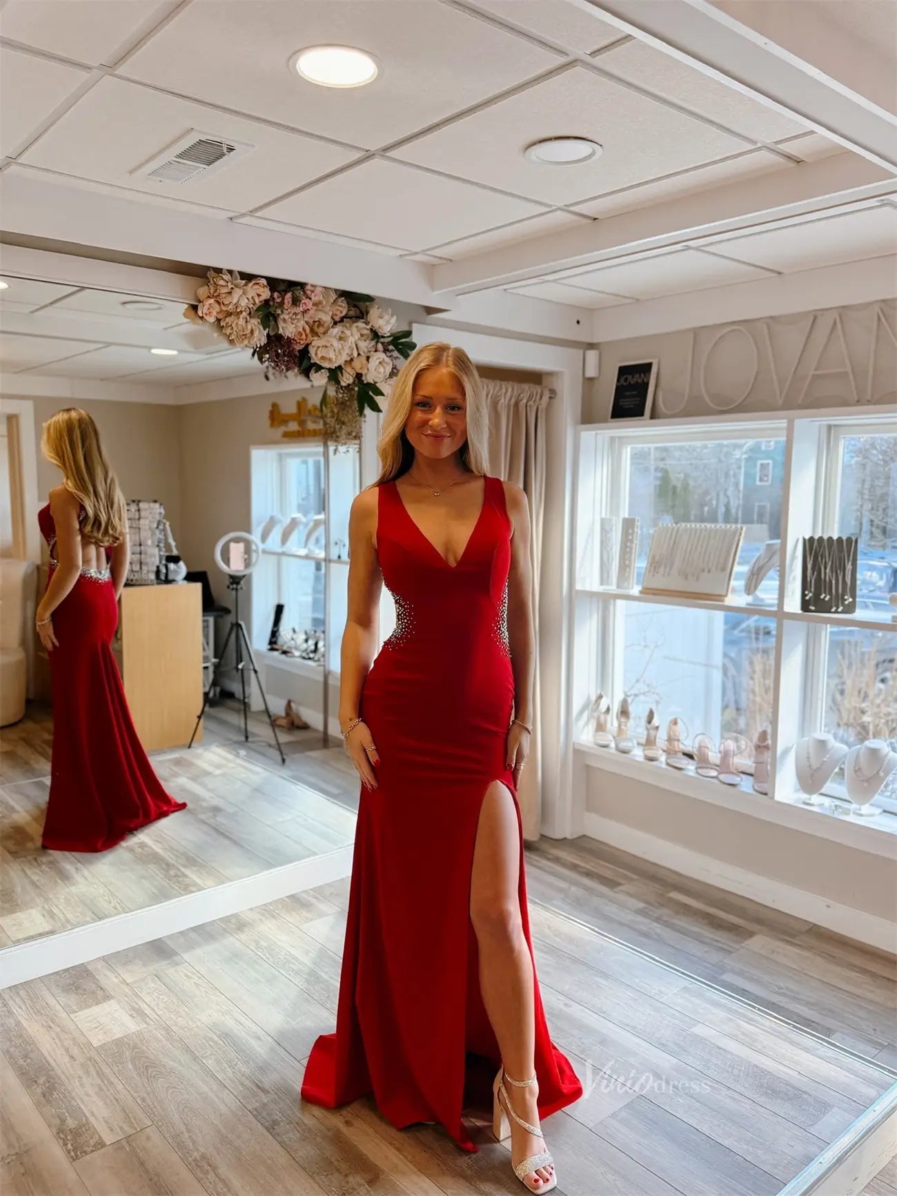 Red Satin Sheath Prom Dresses with Slit, V - Neck & Beaded Waistline - FD6032 - Viniodressprom dressesRedCustom Size - Formal Dresses - Ball Gowns