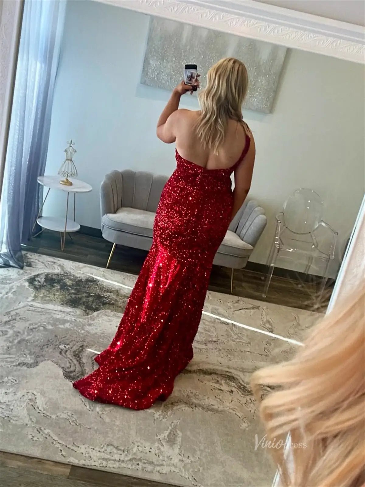 Red Sequin Sheath Prom Dresses with One Shoulder & Slit - FD6017 - Viniodressprom dressesRedCustom Size - Formal Dresses - Ball Gowns