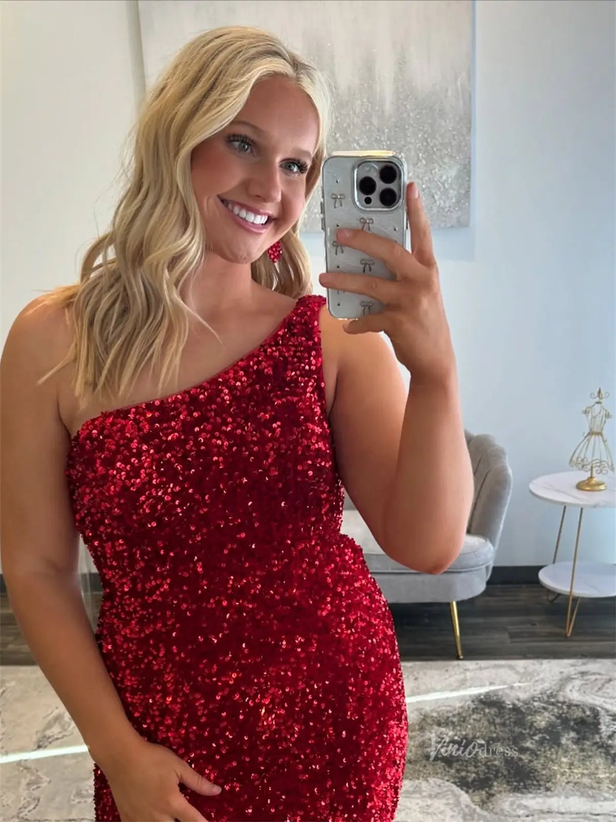 Red Sequin Sheath Prom Dresses with One Shoulder & Slit - FD6017 - Viniodressprom dressesRedCustom Size - Formal Dresses - Ball Gowns