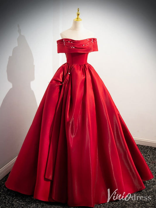 Red Shiny Satin Prom Dresses Off the Shoulder Formal Gown 90070 - Viniodressprom dressesRedCustom Size - Formal Dresses - Ball Gowns