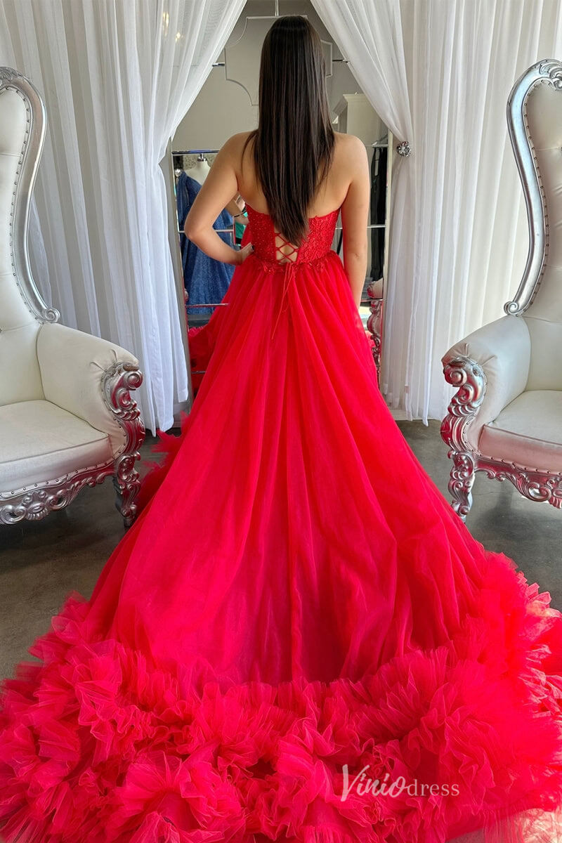 Prom Dress 2025 Red Strapless Lace Applique Prom Dresses Ruffle Tulle Formal Gown FD4089-unique prom dresses-Red-Custom Size-Viniodress