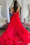 Prom Dress 2025 Red Strapless Lace Applique Prom Dresses Ruffle Tulle Formal Gown FD4089-unique prom dresses-Red-Custom Size-Viniodress