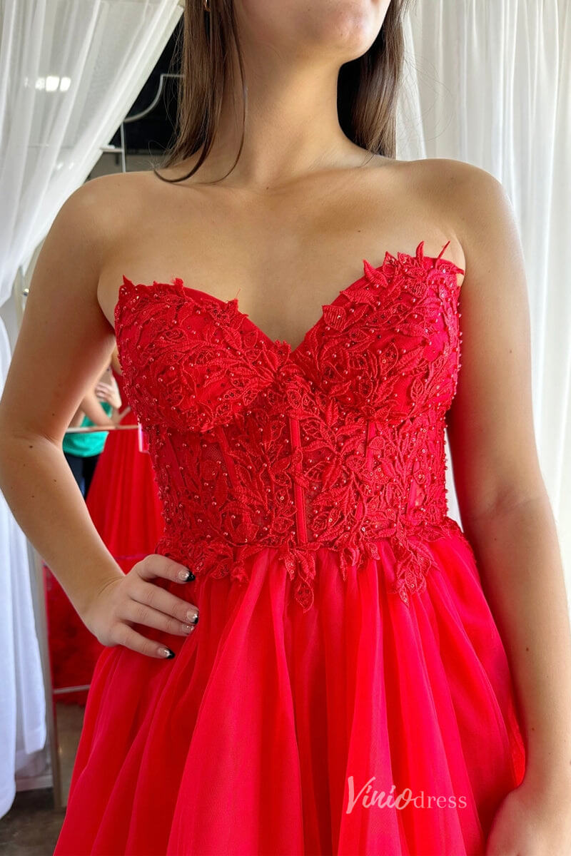 Prom Dress 2025 Red Strapless Lace Applique Prom Dresses Ruffle Tulle Formal Gown FD4089-unique prom dresses-Red-Custom Size-Viniodress