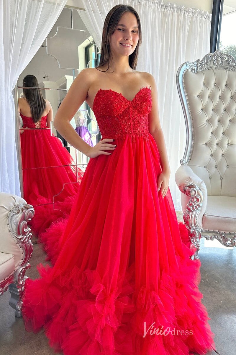 Red Strapless Lace Applique Prom Dresses Ruffle Tulle Formal Gown FD4089 - Viniodressprom dressesRedCustom Size - Formal Dresses - Ball Gowns