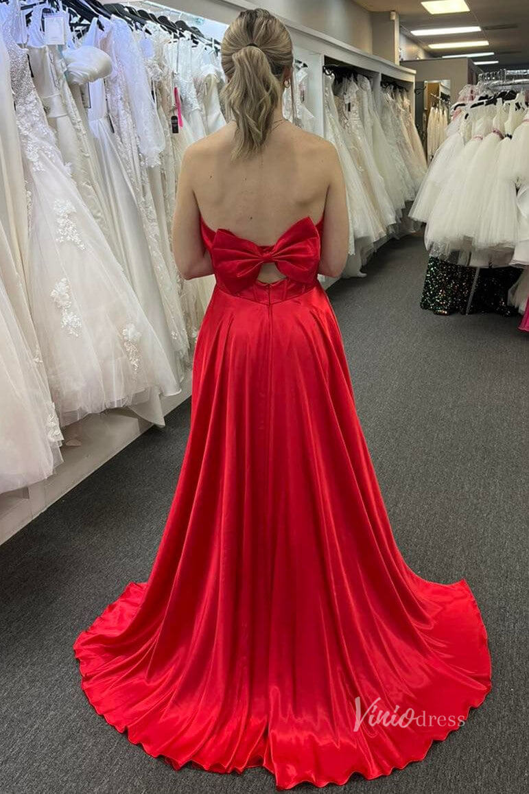 Prom Dress 2025 Red Strapless Satin Cheap Prom Dresses with Slit Boned Bodice Plunging V-Neck FD4002-unique prom dresses-Red-Custom Size-Viniodress