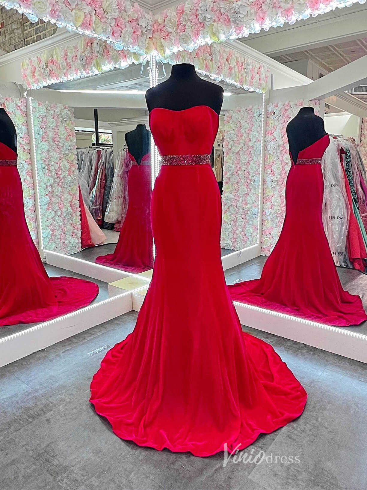 Red Strapless Satin Mermaid Prom Dresses Beaded Waist Evening Dress FD4005 - Viniodressprom dressesRedCustom Size - Formal Dresses - Ball Gowns