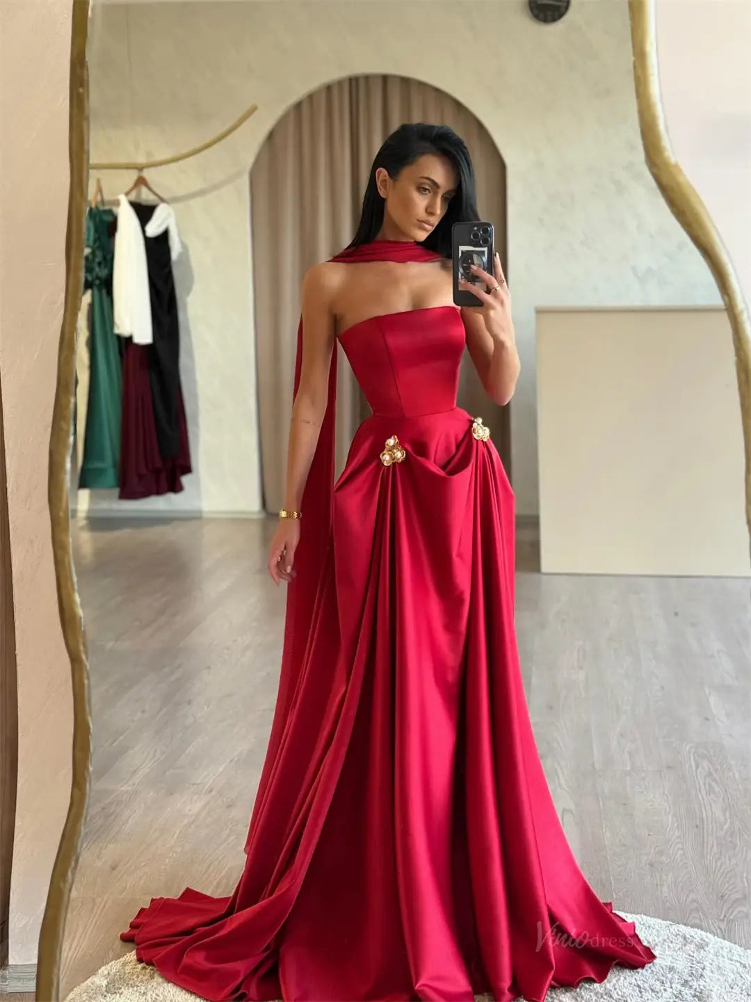 prom dresses 2025-to impress Red Strapless Satin Prom Dresses 2025 with Shawl – FD5211b-plus size wedding dresses Viniodress-Red-Custom Size-