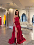 prom dresses 2025-to impress Red Strapless Satin Prom Dresses 2025 with Slit & 3D Flower – FD5214-plus size wedding dresses Viniodress-Red-Custom Size-