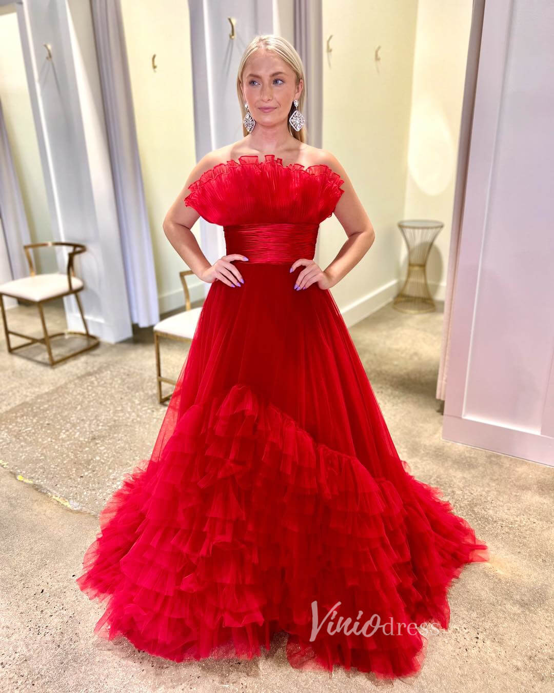 Red Tiered Ruffle Prom Dresses Strapless Formal Gown FD3633 - Viniodressprom dressesRedCustom Size - Formal Dresses - Ball Gowns