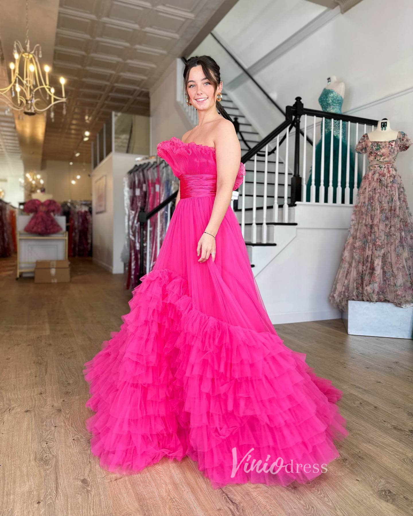 Prom Dress 2025 Red Tiered Ruffle Prom Dresses Strapless Formal Gown FD3633-unique prom dresses-Red-Custom Size-Viniodress