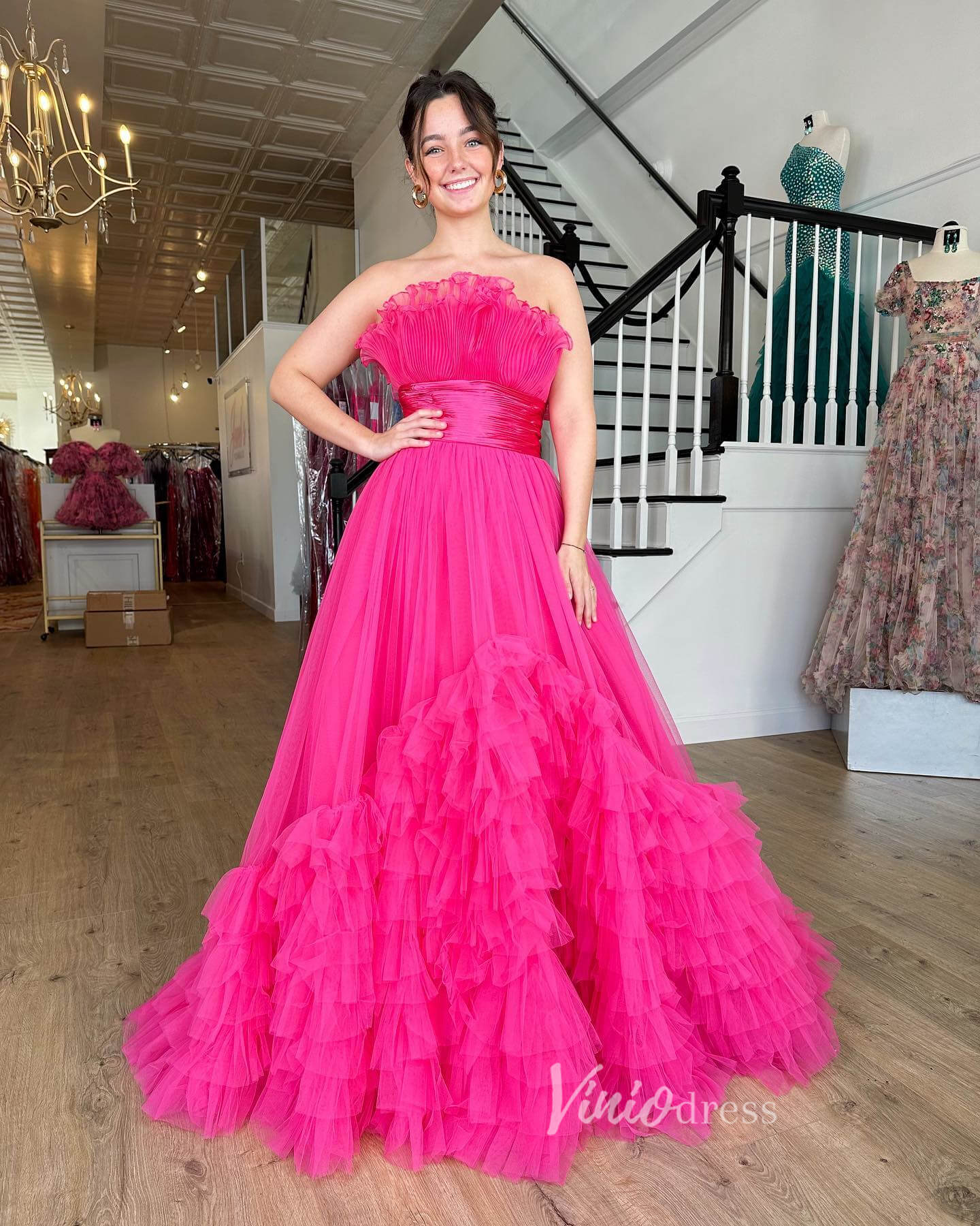 Prom Dress 2025 Red Tiered Ruffle Prom Dresses Strapless Formal Gown FD3633-unique prom dresses-Red-Custom Size-Viniodress