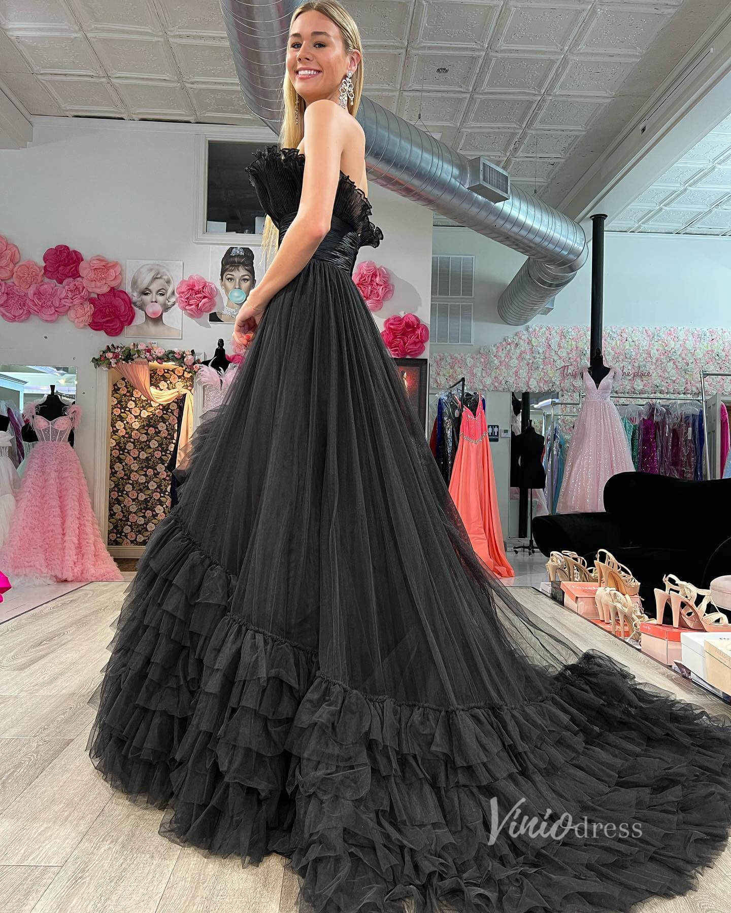 Red Tiered Ruffle Prom Dresses Strapless Formal Gown FD3633 - Viniodressprom dressesBlackCustom Size - Formal Dresses - Ball Gowns