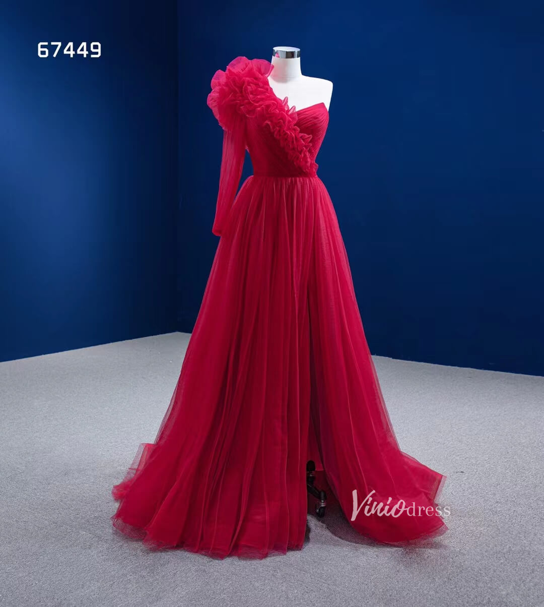 Prom Dress 2025 Red Tulle Formal Dress One Shoulder Long Sleeve Prom Dresses 67449-unique prom dresses-Red-Custom Size-Viniodress