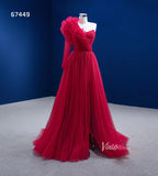 Prom Dress 2025 Red Tulle Formal Dress One Shoulder Long Sleeve Prom Dresses 67449-unique prom dresses-Red-Custom Size-Viniodress