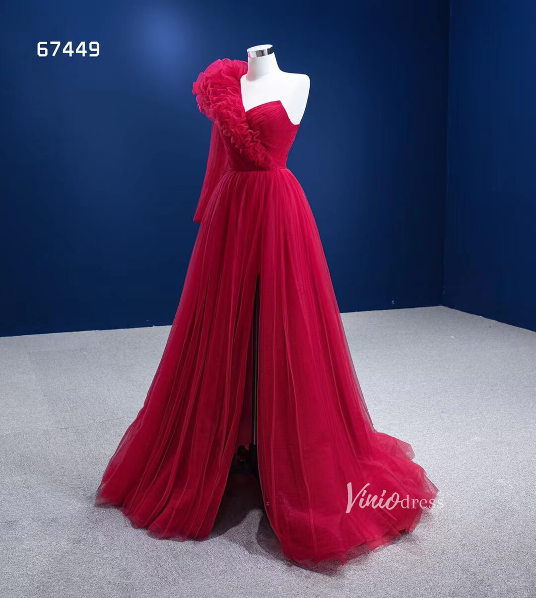 Prom Dress 2025 Red Tulle Formal Dress One Shoulder Long Sleeve Prom Dresses 67449-unique prom dresses-Red-Custom Size-Viniodress