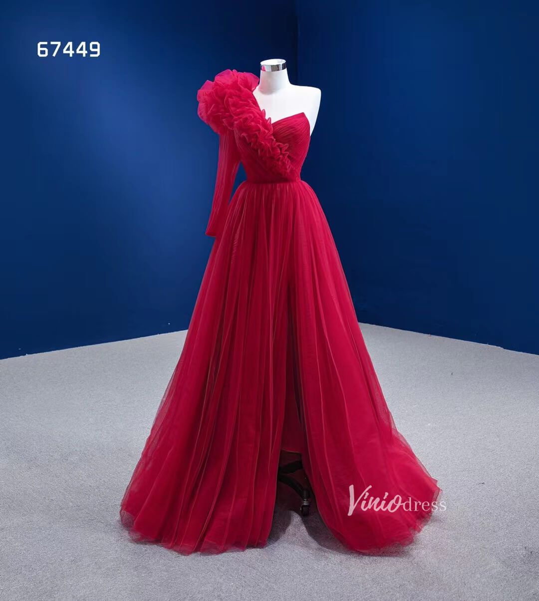 Prom Dress 2025 Red Tulle Formal Dress One Shoulder Long Sleeve Prom Dresses 67449-unique prom dresses-Red-Custom Size-Viniodress