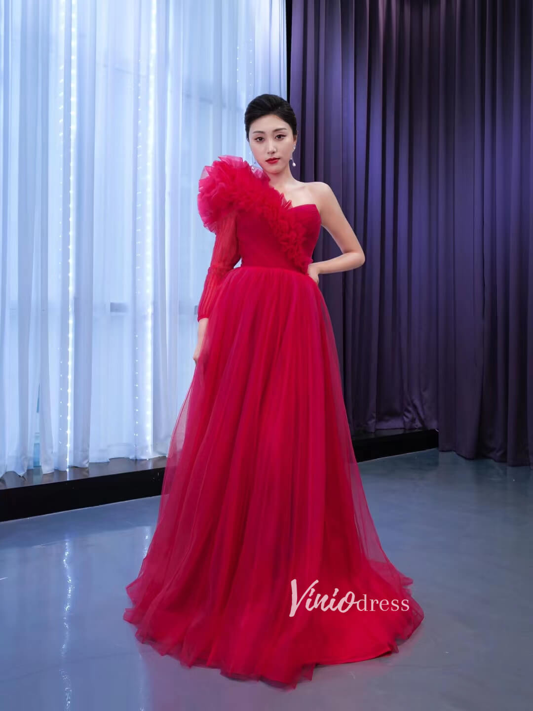 Prom Dress 2025 Red Tulle Formal Dress One Shoulder Long Sleeve Prom Dresses 67449-unique prom dresses-Red-Custom Size-Viniodress