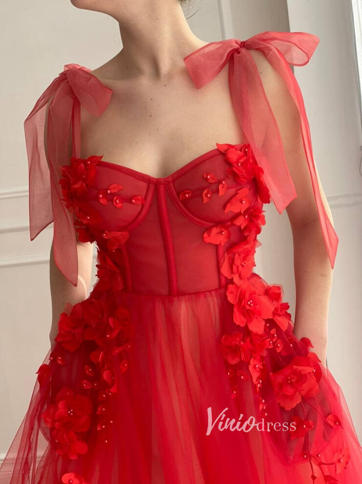 Prom Dress 2025 Red Tulle Prom Dresses 3D flower Long Formal Dress FD2777-unique prom dresses-Red-Custom Size-Viniodress