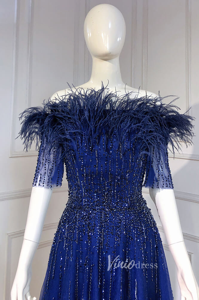 Prom Dress 2025 Royal Blue Beaded Feather Evening Dresses Short Sleeve Prom Dress FD3007-unique prom dresses-Royal Blue-US 2-Viniodress