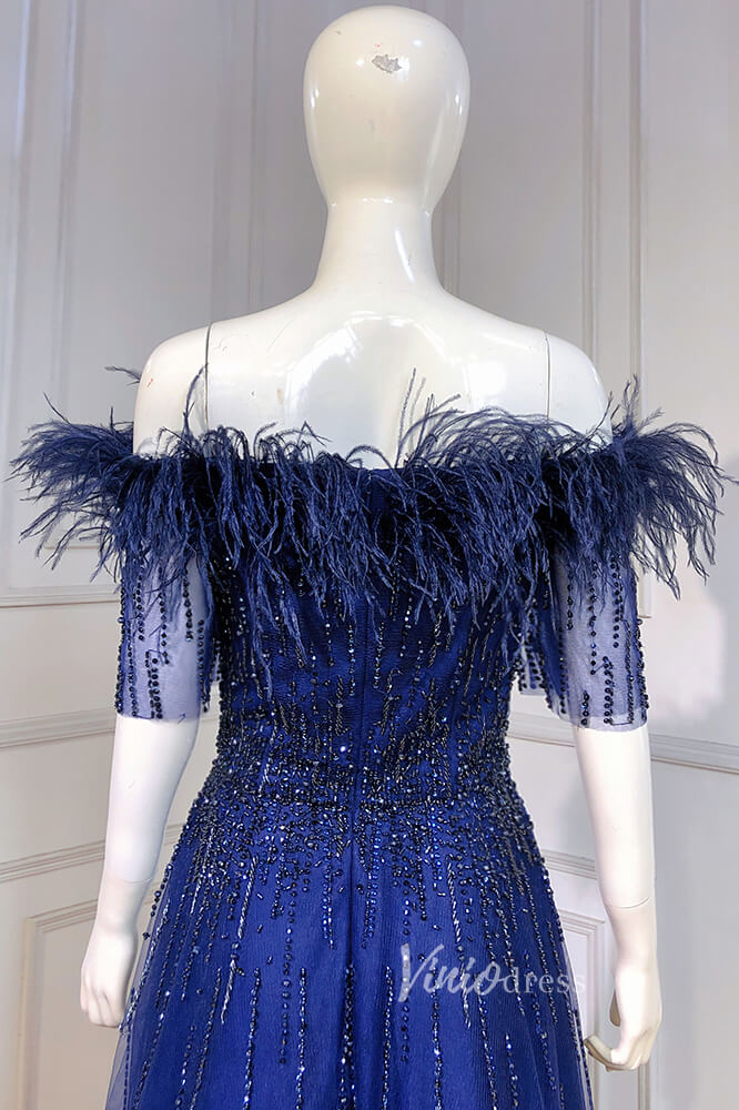 Prom Dress 2025 Royal Blue Beaded Feather Evening Dresses Short Sleeve Prom Dress FD3007-unique prom dresses-Royal Blue-US 2-Viniodress