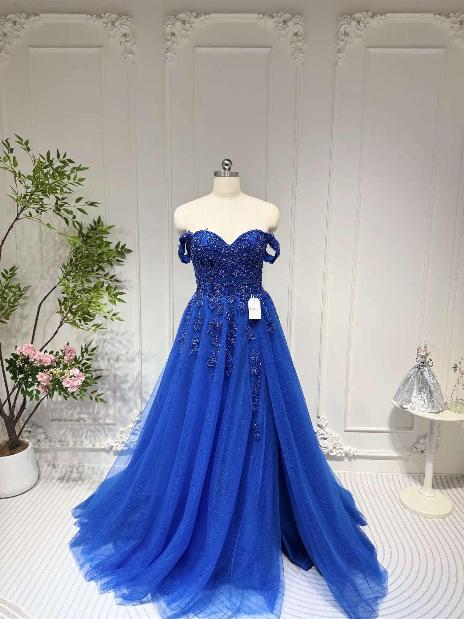 Royal Blue Beaded Lace Prom Dresses with Slit Off the Shoulder Formal Gown FD4052 - Viniodressprom dressesRoyal BlueCustom Size - Formal Dresses - Ball Gowns