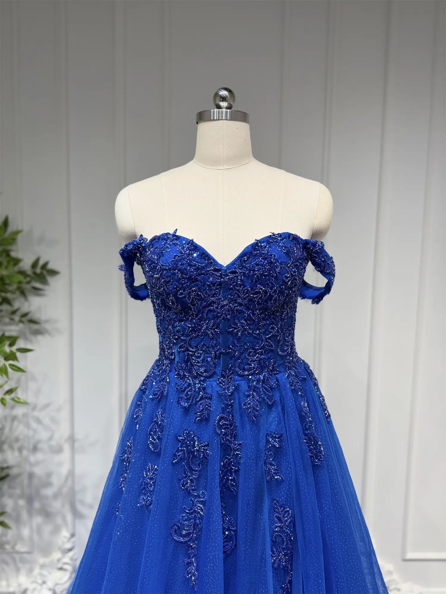 Royal Blue Beaded Lace Prom Dresses with Slit Off the Shoulder Formal Gown FD4052 - Viniodressprom dressesRoyal BlueCustom Size - Formal Dresses - Ball Gowns